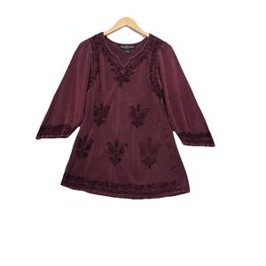 Agan Traders Women's Tunic Top Sz XL/1X Embroidered Burgundy  Boho Renaissance